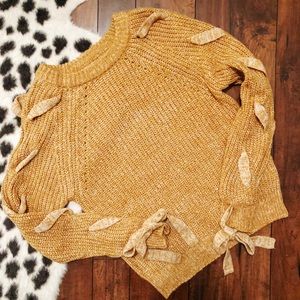 Mustard Yellow Tie Sleeves Crewneck Sweater Medium